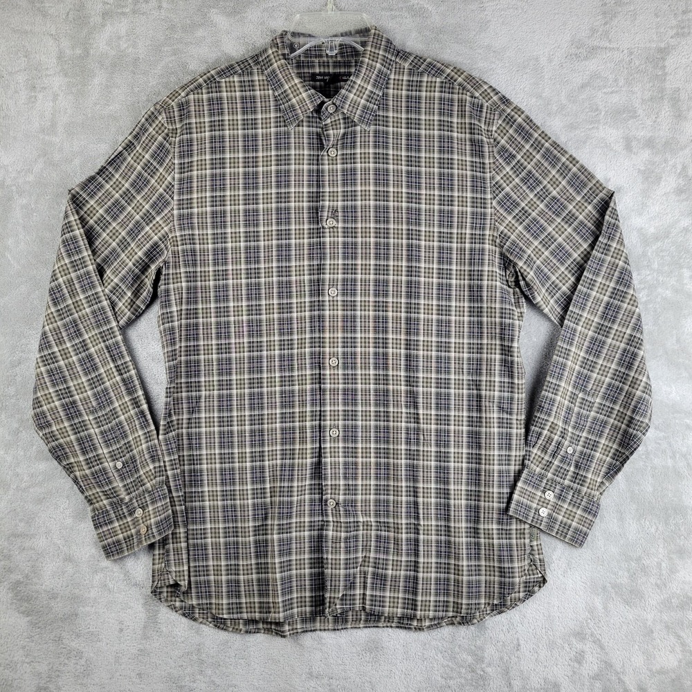 John Varvatos USA Shirt Mens Medium Gray Tan Plaid Long Sleeve Preppy Office